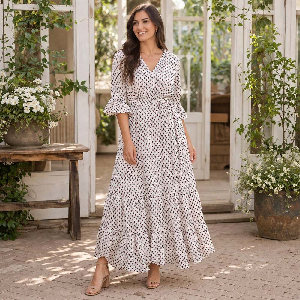 Hayden Los Angeles Geometric Print Tiered V-Neck Maxi Dress